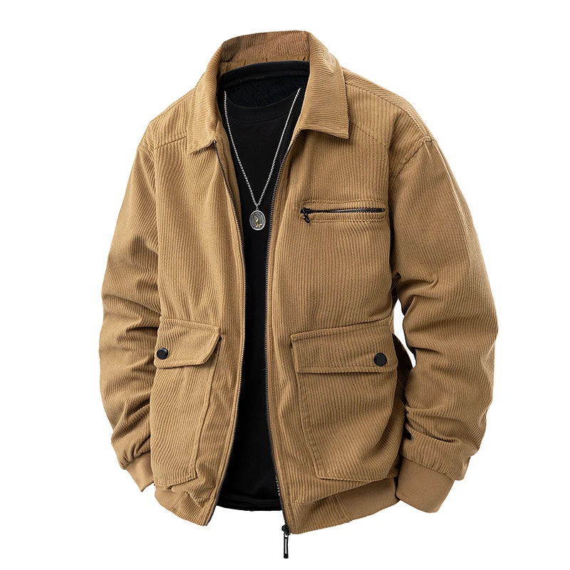 Corduroy Jackets for Men Autumn Winter Windbreaker Solid Casual Cargo Jacket Multi Pockets Outwear Coat Fashion Utility Jacket