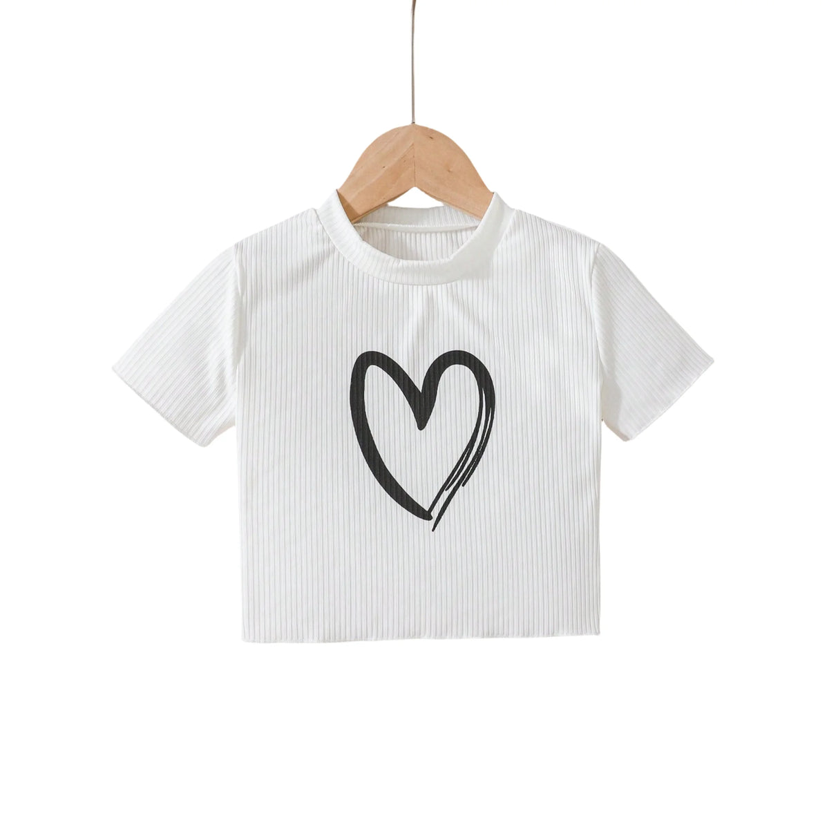 Girls' simple love pattern T-shirt: white rib knitted, comfortable and versatile style