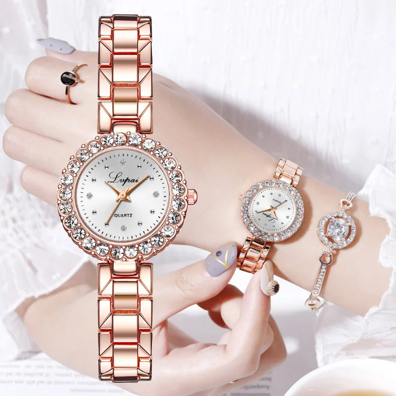 2PCS Set Luxury Alloy Bracelet Quartz Watch with Rhinestone Diamond Dial, Hidden Clasp for Women reloj mujer