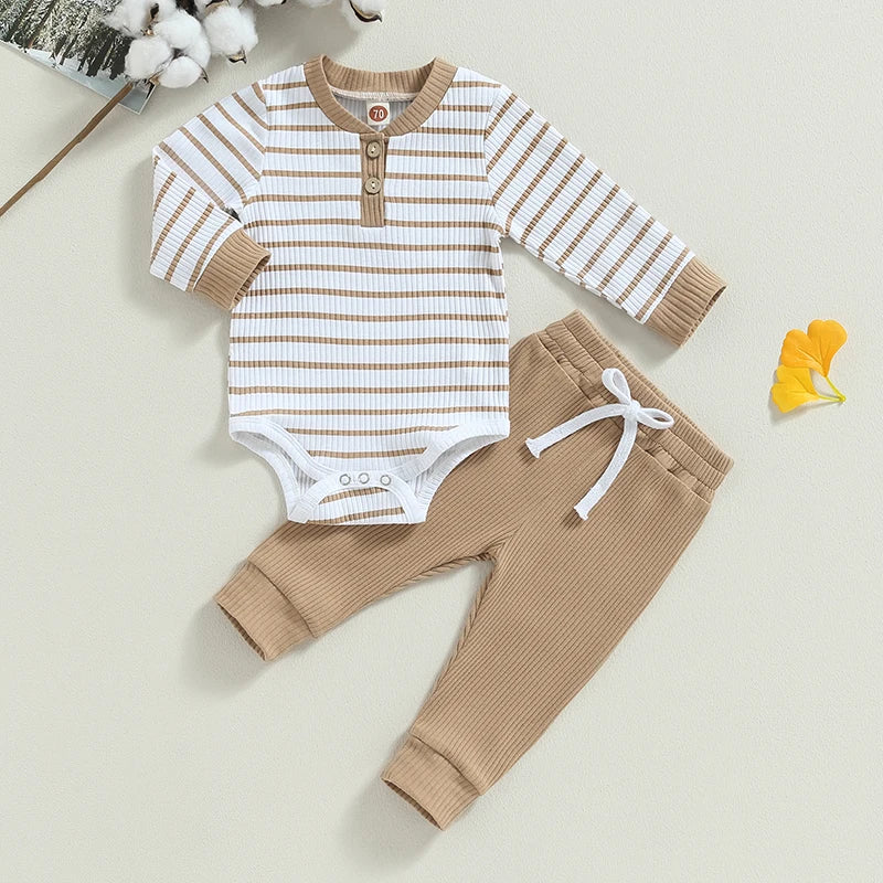 Newborn Baby Boys Girl Fall Winter Clothes Ribbed Knitted Long Sleeve Romper Solid Long Pants Cotton Infant Outfits