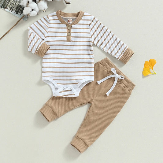 Newborn Baby Boys Girl Fall Winter Clothes Ribbed Knitted Long Sleeve Romper Solid Long Pants Cotton Infant Outfits