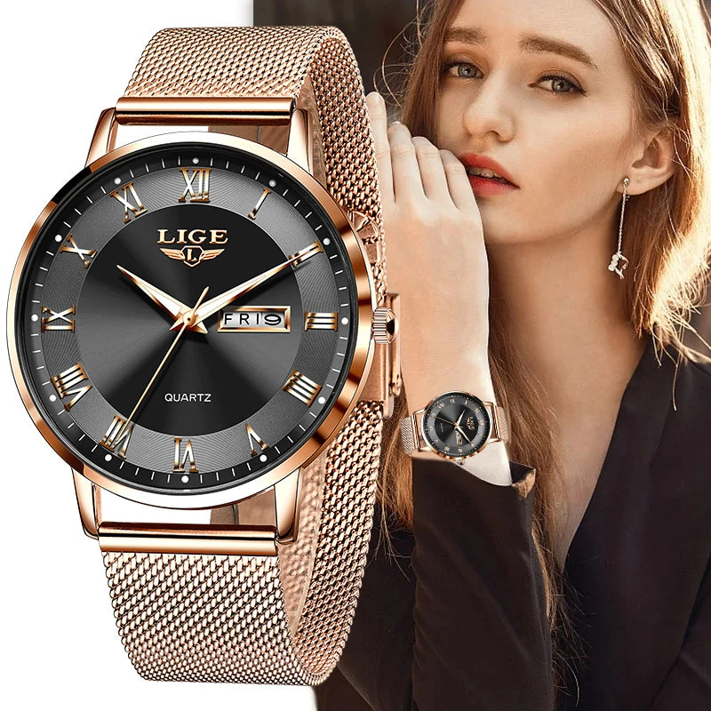 LIGE Woman Watch Luxury Ultra-thin Watch Bracelet Week Date Watches for Women Fashion Dress Ladies Watches Rose Gold Clock Gift