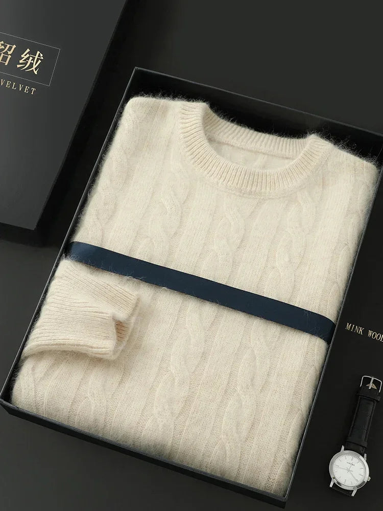 Mink Cashmere Cable Knit Pullover for Men O Neck Casual Autumn Winter Sweater Top