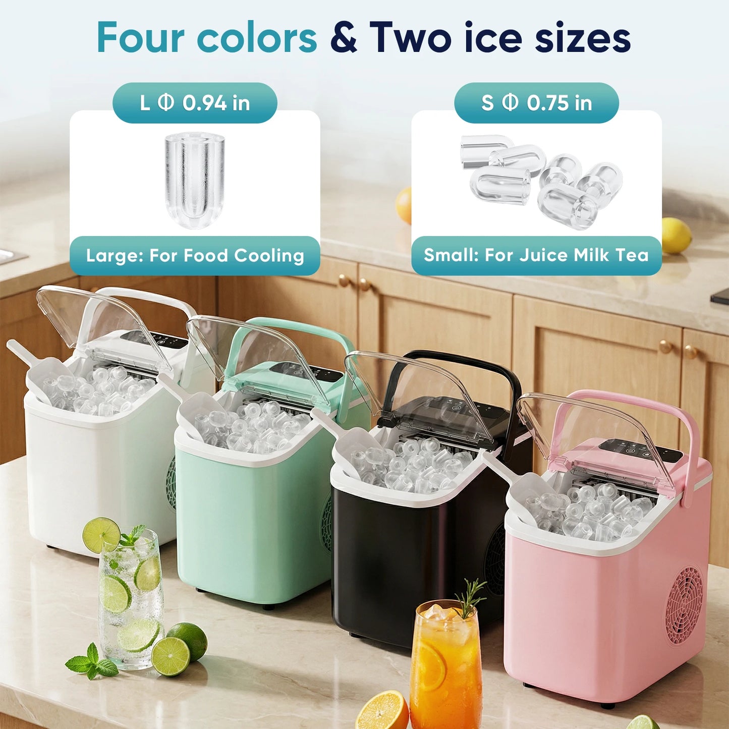 JHK Small Portable Ice Machine Countertop Ice Maker with Scoop Basket and Handle 9 Ice Cubes Ready in 6 Mins 26.5lbs in 24Hrs for Home Kitchen Party