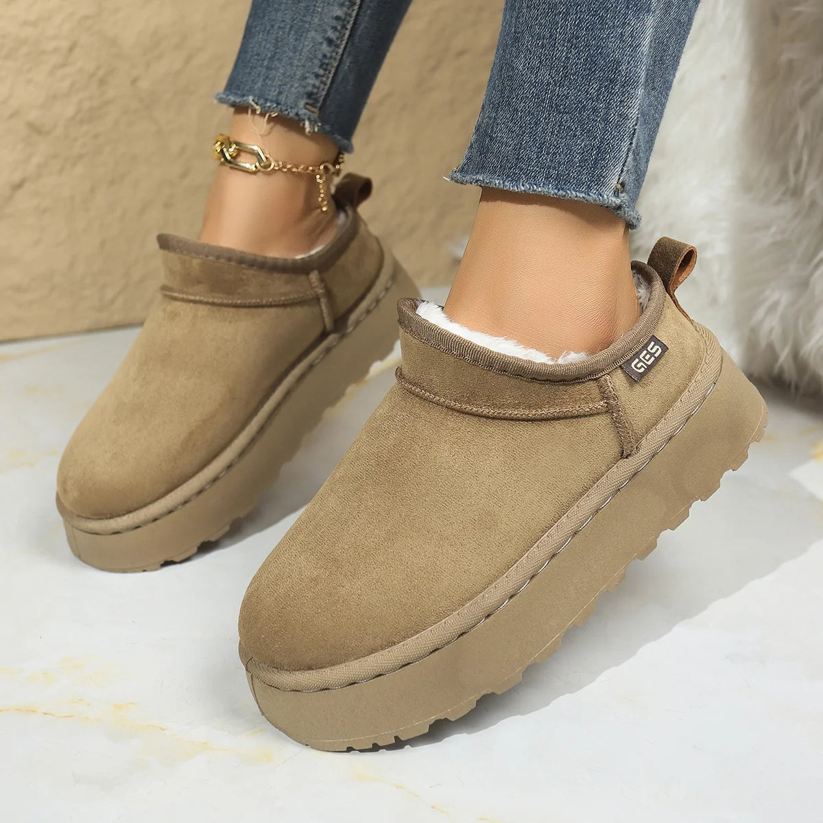 Snow Boots for Women 2026 Winter New Cashmere Warm Thick Soles Without Heel-covered Hair Half Slipper Cotton Shoes for Women
