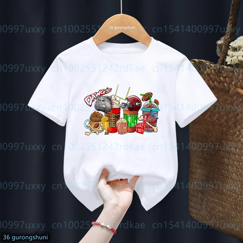 Nueva camiseta para niños, camiseta con estampado gráfico de taza de café de béisbol americano, camiseta de verano para niños pequeños, Top blanco de manga corta