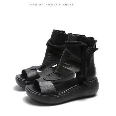 GKTINOO 2026 New Summer Black Women Leather Sandals Cool Boots Platform Shoes Wedges Sandals Women Shoes Fashion Outdoor Sandals