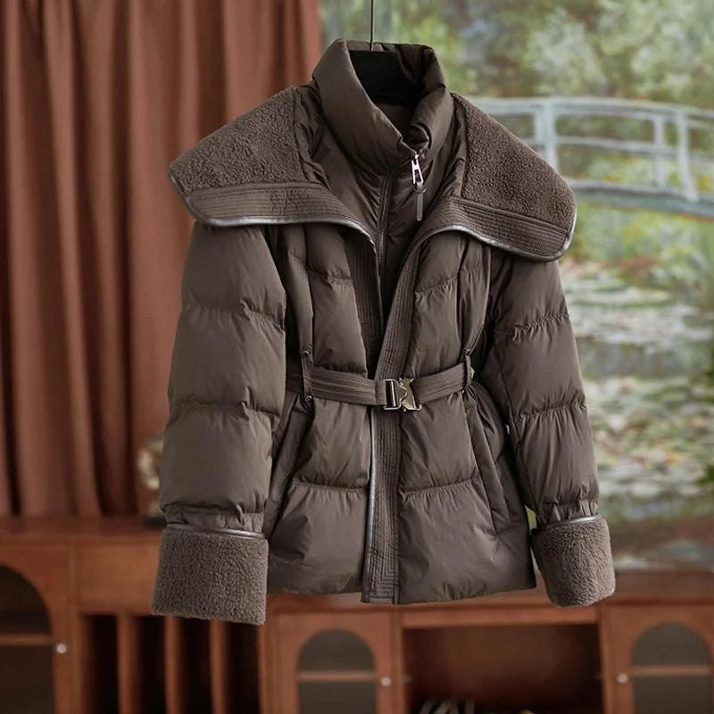 2025 New Winter Jacket Coat Female Parkas Fashion Lamb Wool Double Collar Short Belt Warm Down Cotton Jacket Women Outerwear Top
