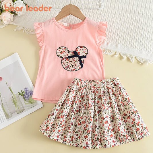 Bear Leader Summer 2Pcs Girls Clothes Sets Floral Cartoon Kids Ruffle Sleeve Top and Skirt Outfits Casual Girls Boutique Outfits