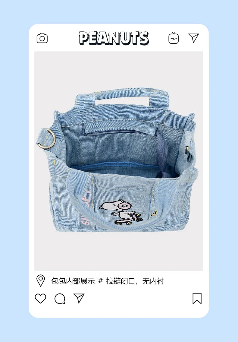 Kawaii Snoopy Denim Tote Bag Cartoon Animation Student Cute Tote Bag Embroidery Lunch Crossbody Bag