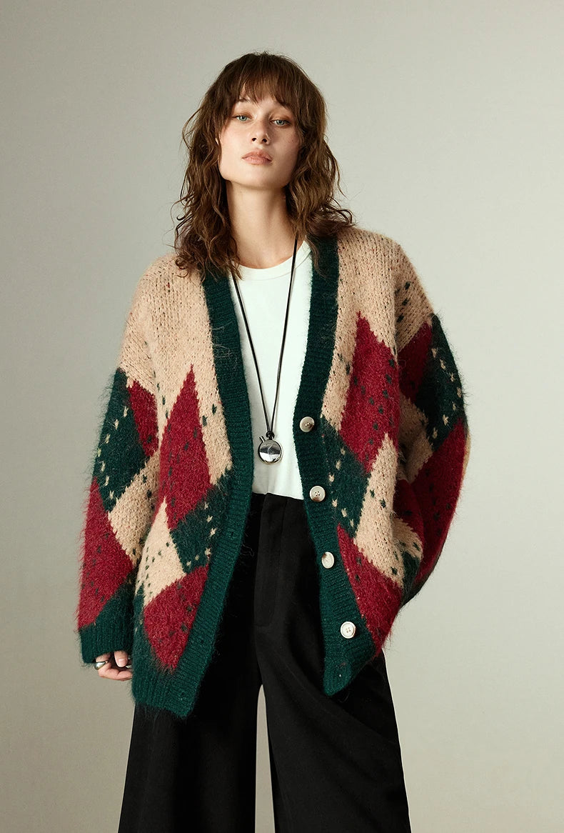 TOYOUTH Women Sweater Coats 2025 Winter New Retro Nordic Colorblock Argyle V-Neck Loose Wool-Blend Outerwear