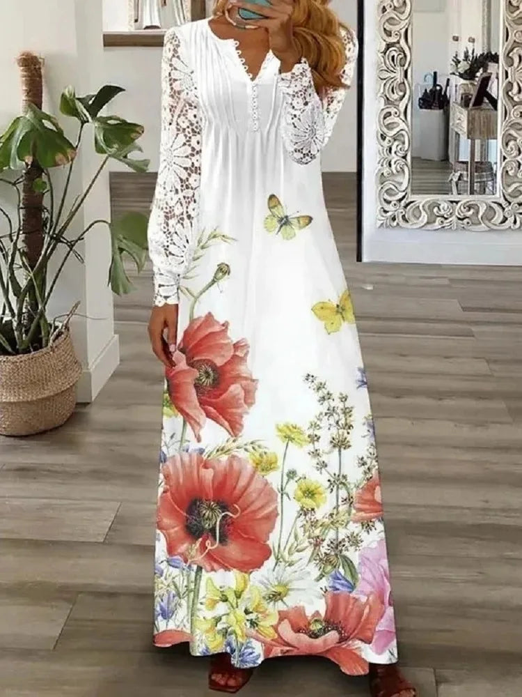 Spring Women Lace Button Loose Boho Vintage Ruffles Dresses Befree Summer Elegant Party Large Big Summer Party Maxi Dress
