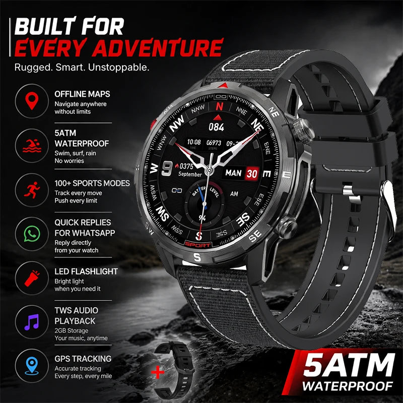 New Outdoor Smart Watch 1.43inch Screen 2GB Memory Map Navigation GPS Positioning 5ATM Waterproof LED Flashlight Smart Watch