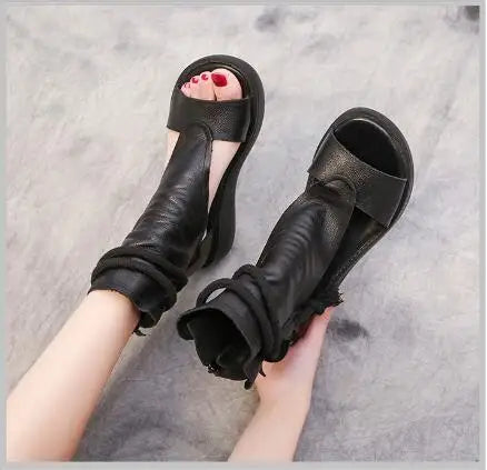 GKTINOO 2026 New Summer Black Women Leather Sandals Cool Boots Platform Shoes Wedges Sandals Women Shoes Fashion Outdoor Sandals