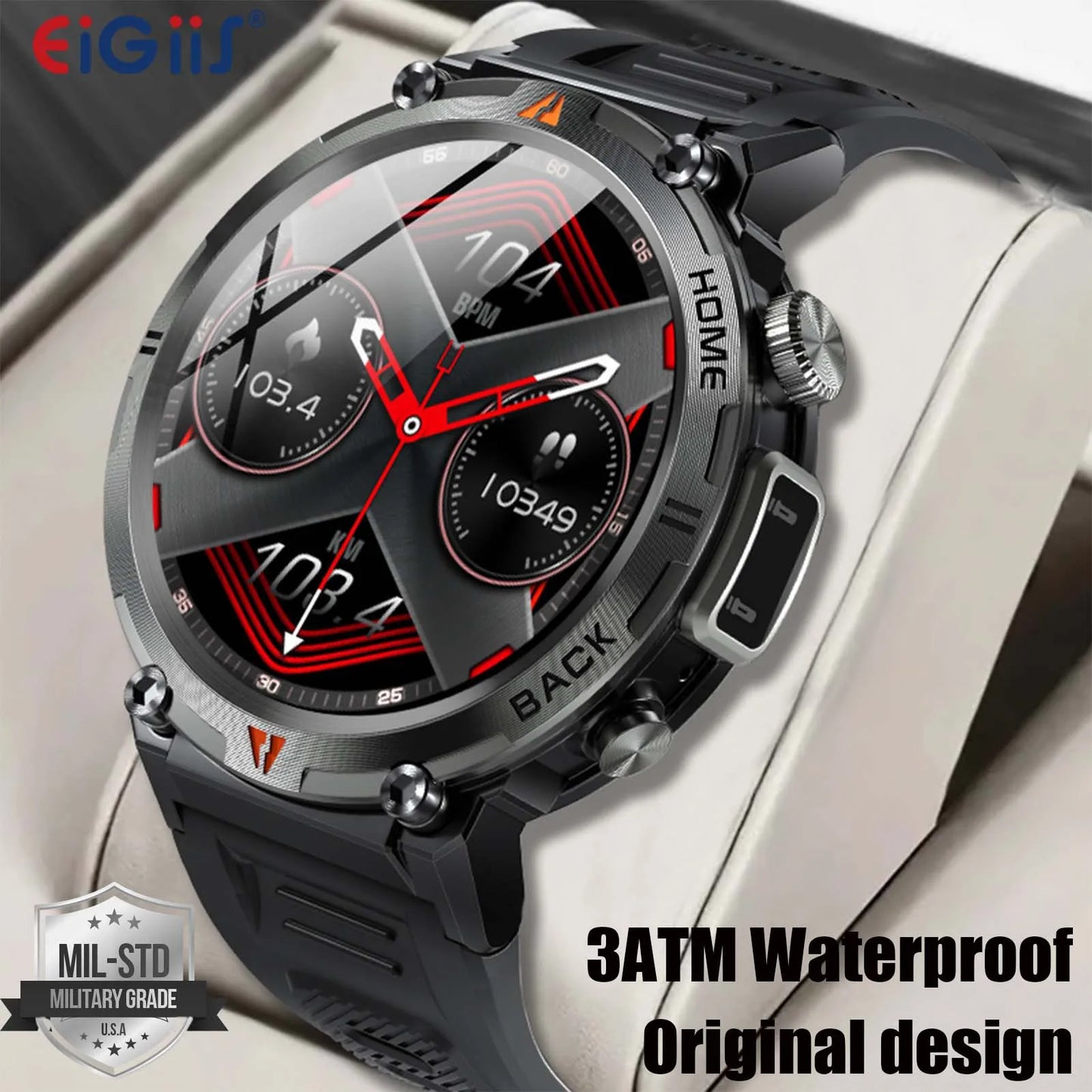 EIGIIS Smart Watch 3ATM Waterproof 2023 Original Design For Men Bluetooth Call Health Monitor With Flashlight 100+ Sports Modes