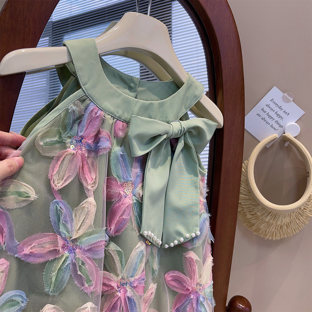 Bear Leader Girl Dress 2025 Summer New Girl Dress Princess Dress Little Girl Fashion Colorful Flower Yarn Dresses Kid Clothes