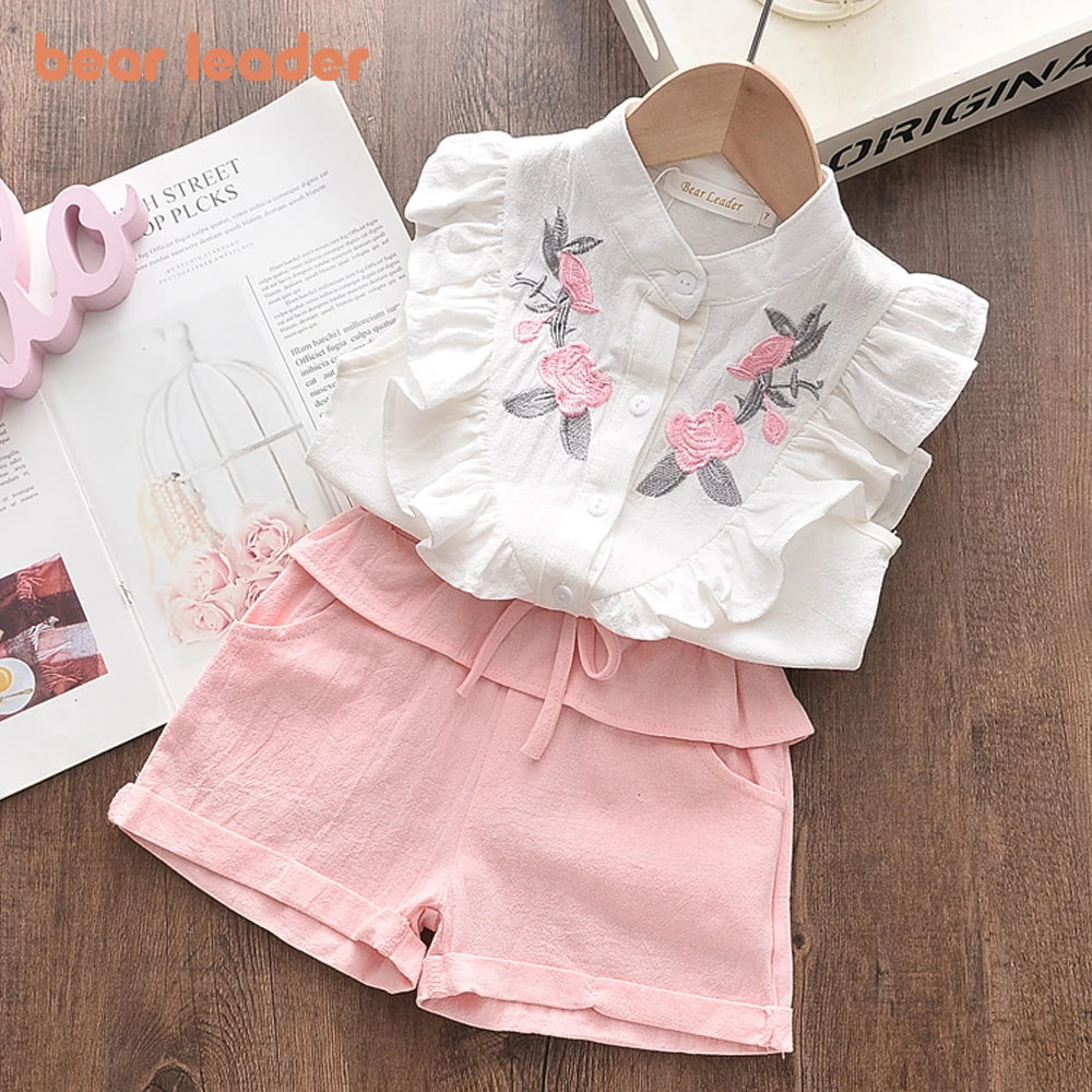 Bear Leader Girls' Clothing Set 2025 Summer New Casual Children's Embroidered Sleeveless Shirt+Shorts Set Girls' Baby Clothing