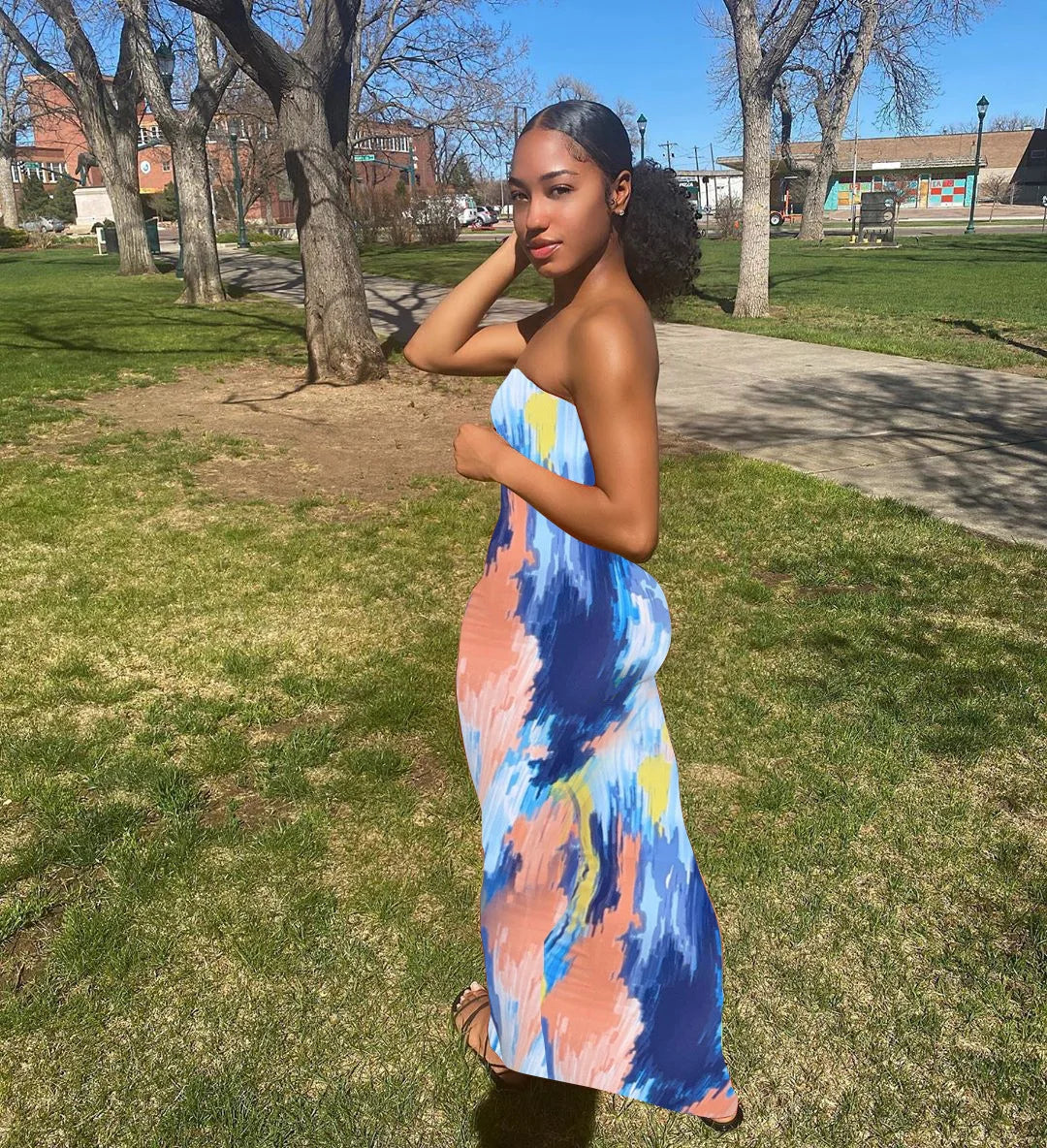 Spring And Summer Dresses For Women Chest Wrap Printed Off Shoulder Bandage Slim Sexy Long Dress New Fashion Party Long Sleeve