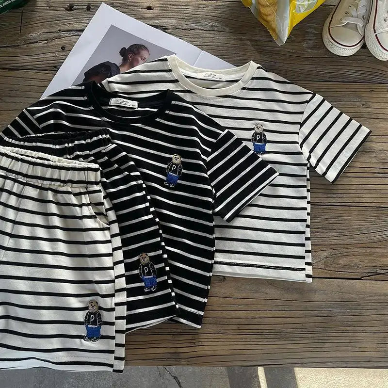 Boys' Striped T-shirt Short Sleeve Set New Children's Cotton Embroidery T-shirt Shorts Two Piece Set Girls' Baby Clothes Set