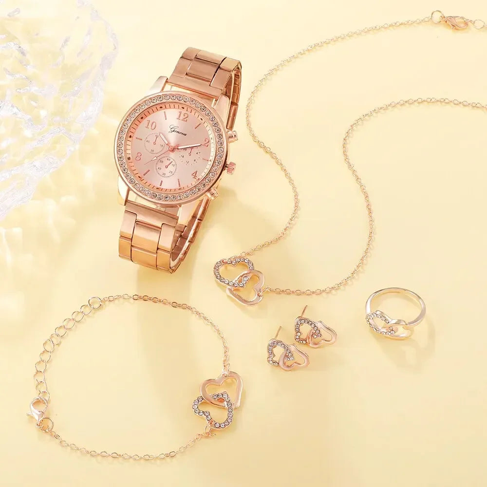 6PCS Set Fashion Wristwatch Casual Ladies Watches Bracelet Set Clock Luxury Watch Women Ring Necklace Earring Rhinestone