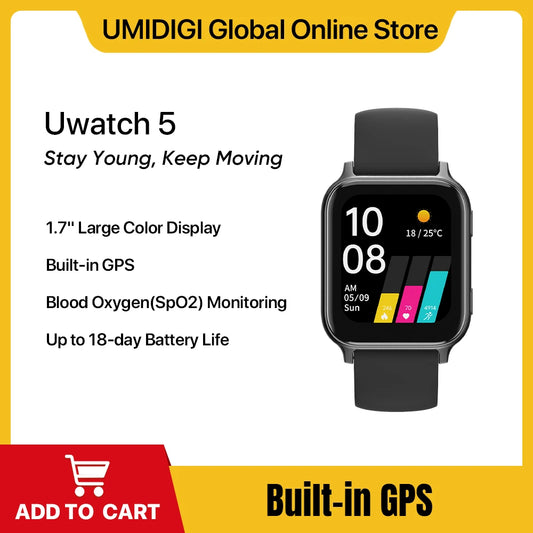 UMIDIGI-Uwatch 5 GPS Smartwatch Bluetooth Waterproof Fitness Heart Rate Blood Oxygen Monitor Android iOS 5ATM