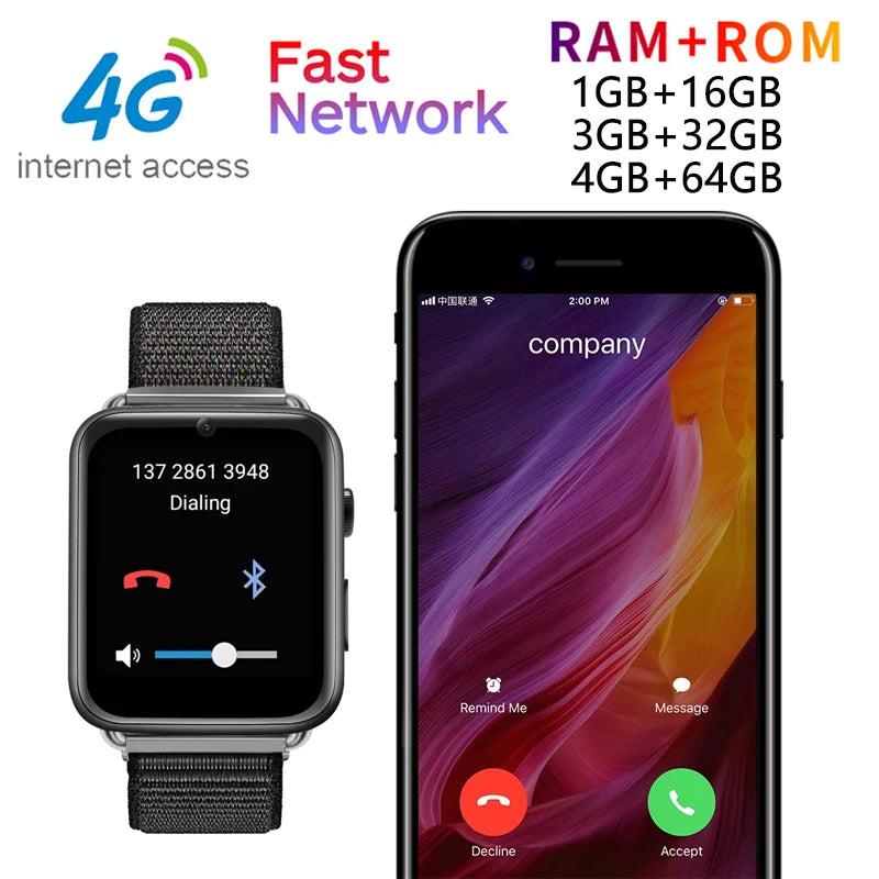 Video Call 4G Smart Watch Men Phone Android 7.1 4GB+64GB Support GPS / WiFi / SIM card / Heart Rate Monitor Camera Smart watch