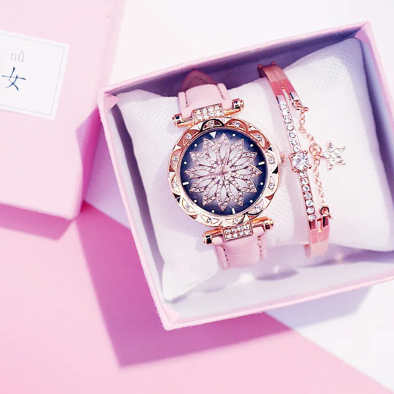 Fashion Flowers Diamond Women Watch + Bracelet Set Luxury Brand Quartz Watches Reloj Mujer Casual Leather Wristwatch Ladyes Gift