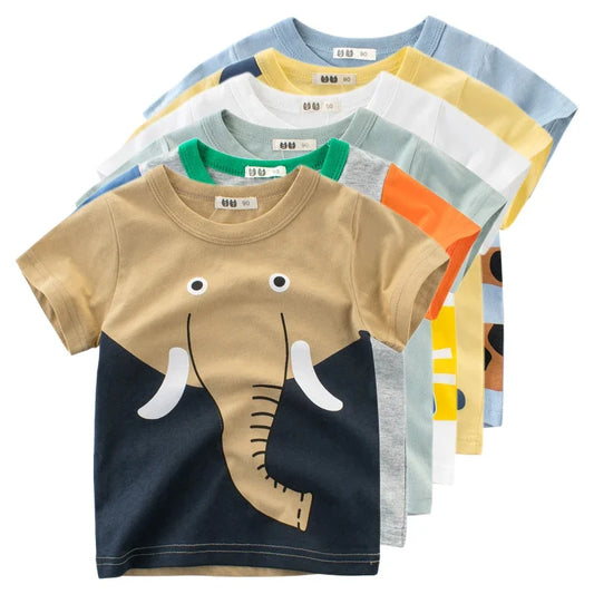 Camiseta de elefante de dibujos animados de verano para niños y niñas, camisetas de manga corta con cuello redondo de animales, ropa para niños, camisetas de algodón para niños pequeños