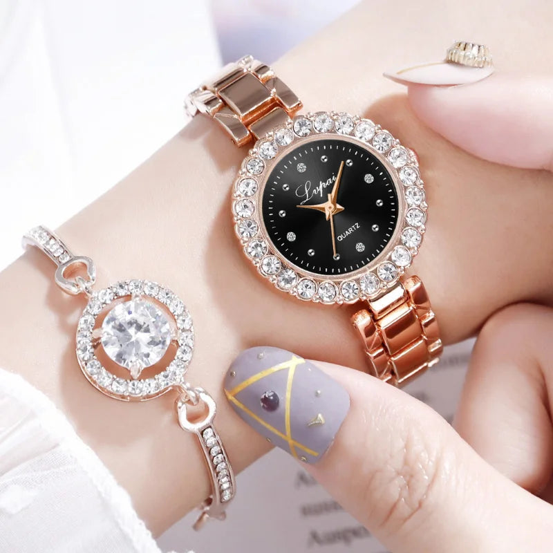 2PCS Set Luxury Alloy Bracelet Quartz Watch with Rhinestone Diamond Dial, Hidden Clasp for Women reloj mujer