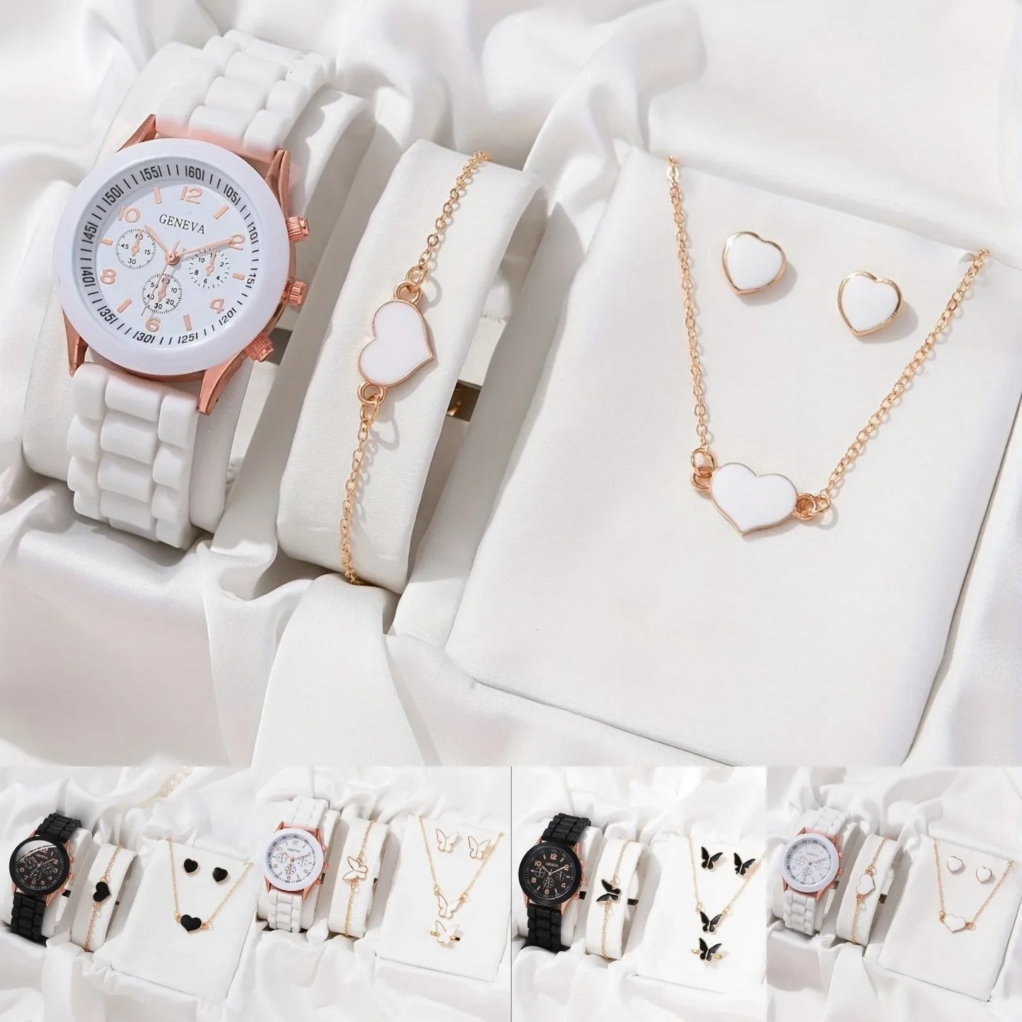 5PCS Set Luxury Watch Women Ring Necklace Earrings Rhinestone Fashion Wristwatch Female Casual Ladies Watches Bracelet Set Clock