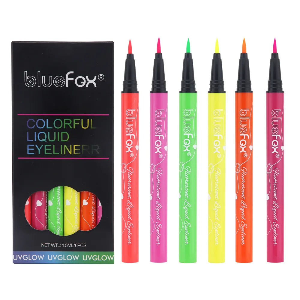 Colorful UV Glow Liquid Eyeliner 6Pcs Set, Waterproof Long Lasting Fluorescent Eye Liner For Nightclub Haloween Party Makeup