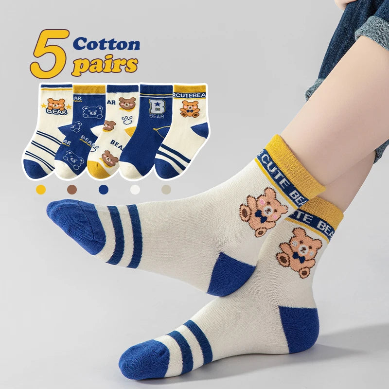 LJMOFA 5 Pairs Children Socks for Girls Boy Cartoon Toddler Cotton Knitted Sports Socks Four Seasons New Kids Tube Socks C161