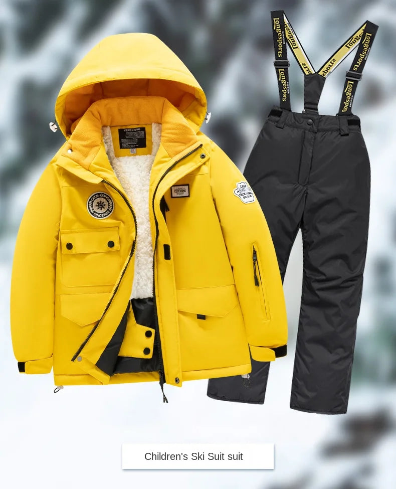 Winter children's skiing suit for boys and girls, windproof and waterproof thick coat for warmth and snow playing equipment