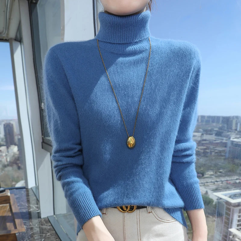 100% Mink Cashmere Top-Lapel Women Sweater Long-sleeves Fashion High-elasticity Sexy Winter Knitted Pullover Girl Tops 2024