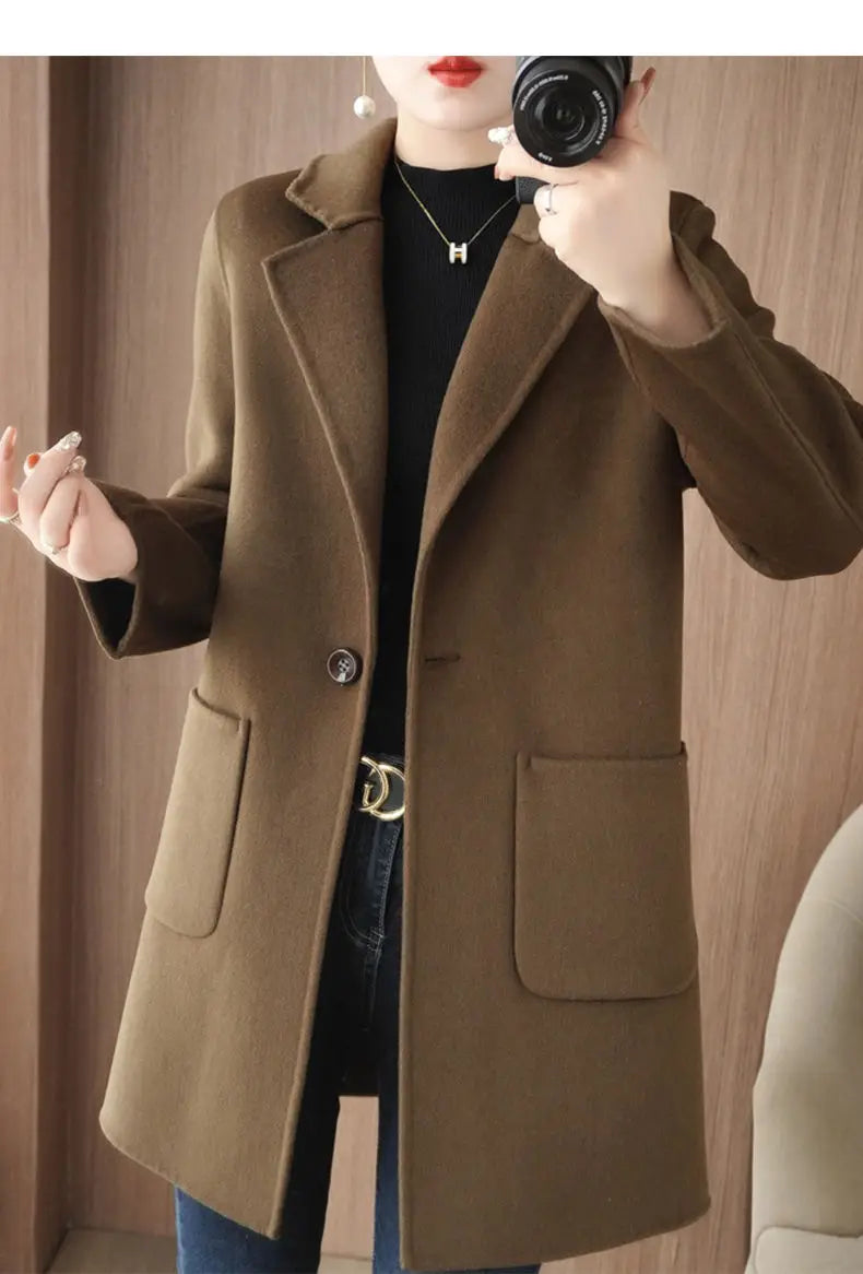 100% Pure Wool Double-Sided Cashmere Jacket Women Overcoat  Autumn Winter New Mid-Length One-Button Slim Wool Windbreakers coat