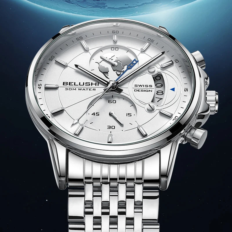 BELUSHI New Men Watches Luxury Brand Business Casual Watch For Men Stainless Steel Big Dial  Quartz Chronograph Clock Waterproof