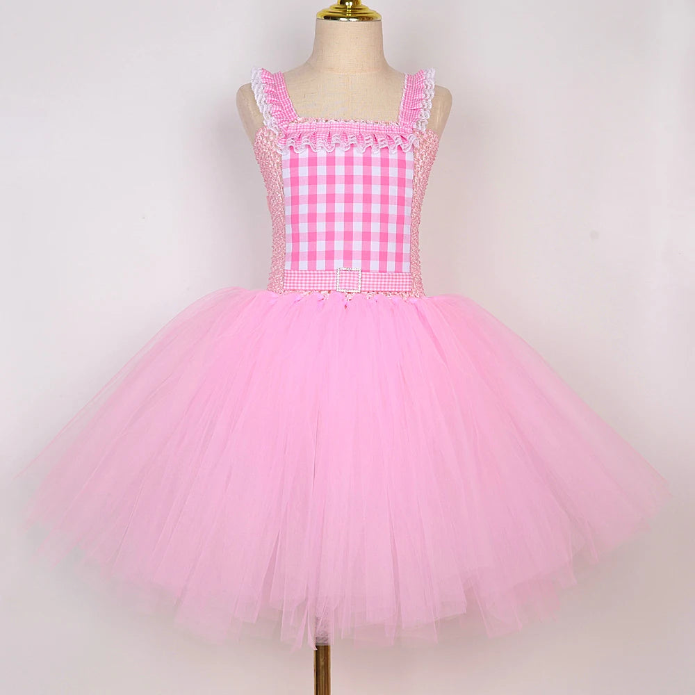 Baby Pink Plaid Barbi Ballet Tutu Dress for Girls Birthday Party Costumes for Kids Christmas New Year Princess Outfit with Bow