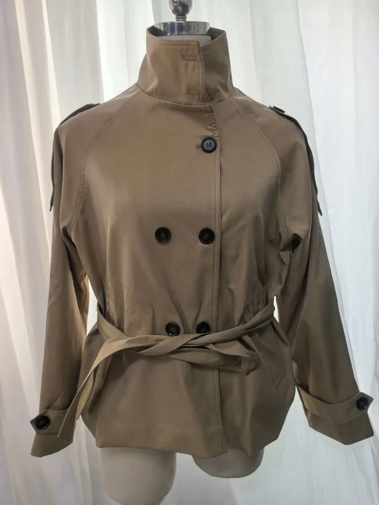 Belted Waist Cropped Trench Jackets Women Double Breasted Stand Collar Coats 2025 Autumn Chic Casual Vintage Jacket Women Cloth