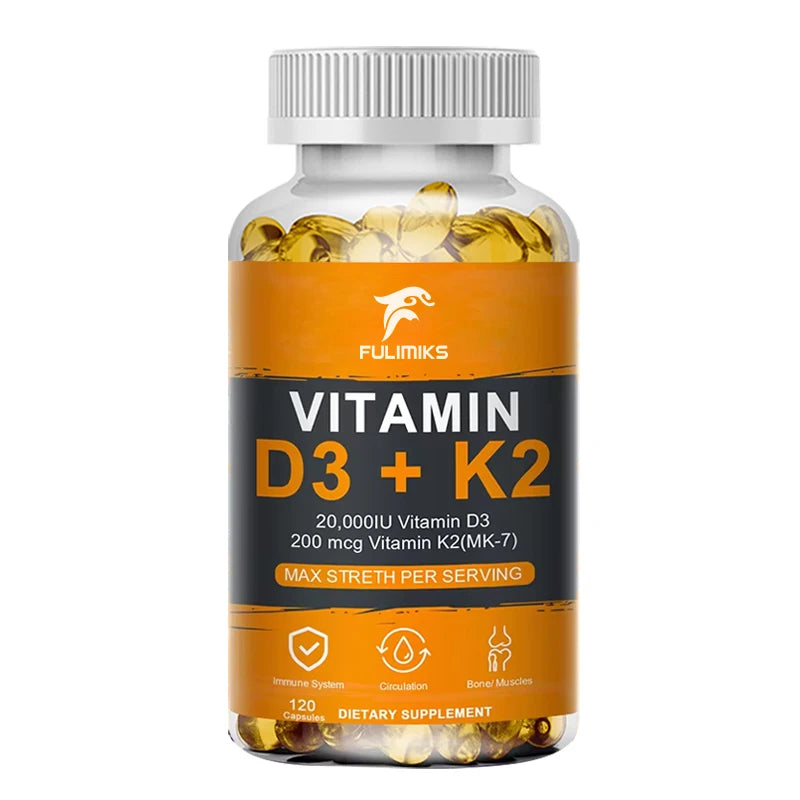 Vitamin D3 K2 Capsule - 20,000 IU Vitamin D3 Promotes Strong Bones, Calcium Absorption, Teeth, Heart, Cardiovascular Health