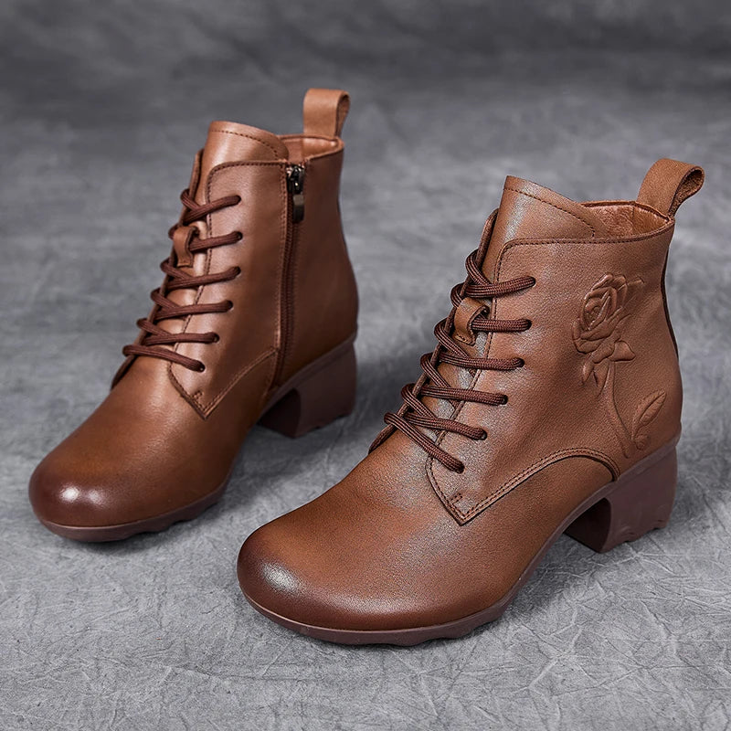 GKTINOO Spring Autumn Women Boots Genuine Leather High Heels Ankle Boots For Women Shoes Retro Handmade Zipper Short Boots