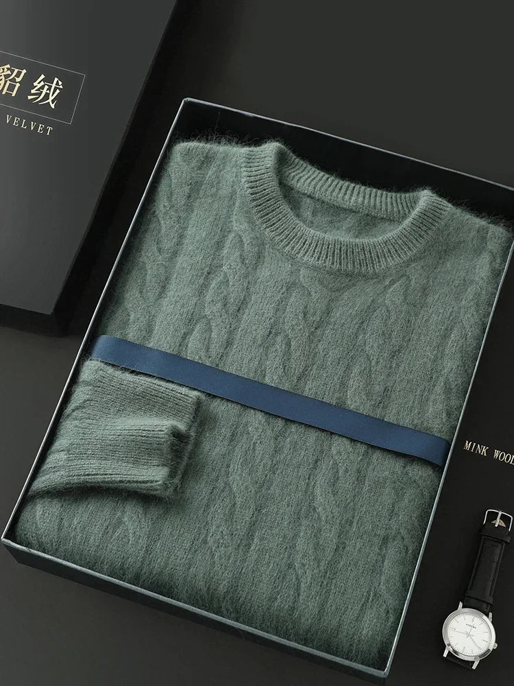 Mink Cashmere Cable Knit Pullover for Men O Neck Casual Autumn Winter Sweater Top