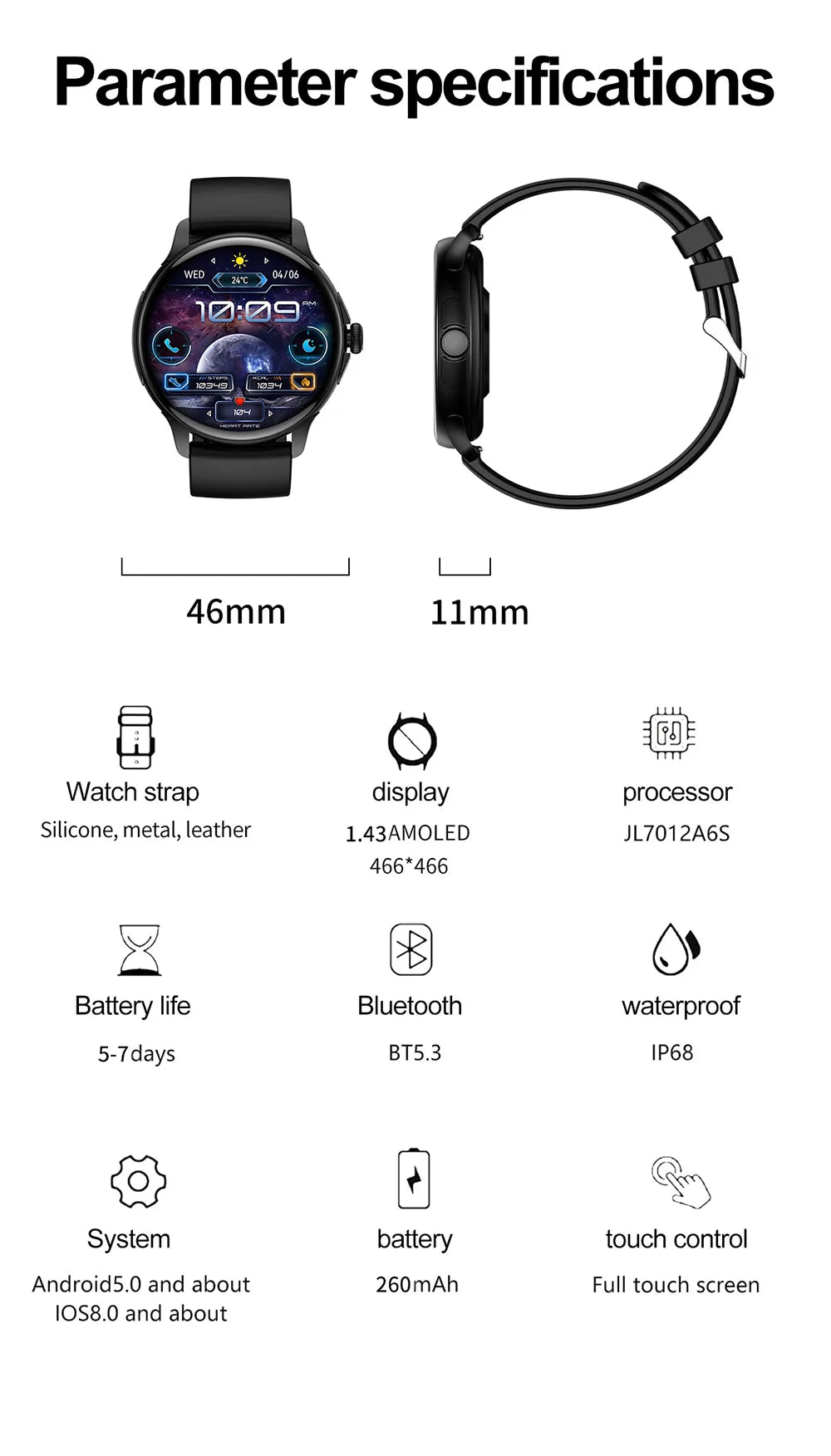 COLMI V72 Smart Watch Men 1.43'' AMOLED Display 100 Sports Modes 7 Day Battery Life Bluetooth Call Health Smartwatch Women
