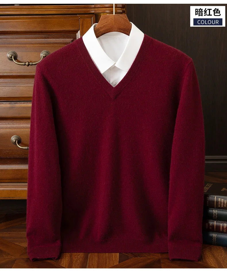 100% Cashmere Men's Pullover Casual Solid Color Knitted Sweater Loose Pull V-Neck Tops Basic Versatile Jumper
