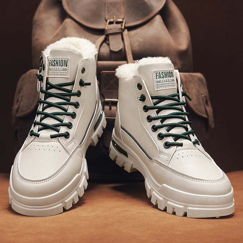 Winter Fleece-Lined Warm High-Top Men's Boots, Korean Style Versatile Men's Boots, Thickened Lightweight Cotton Shoes, Trendy Outdoor Snow Boots