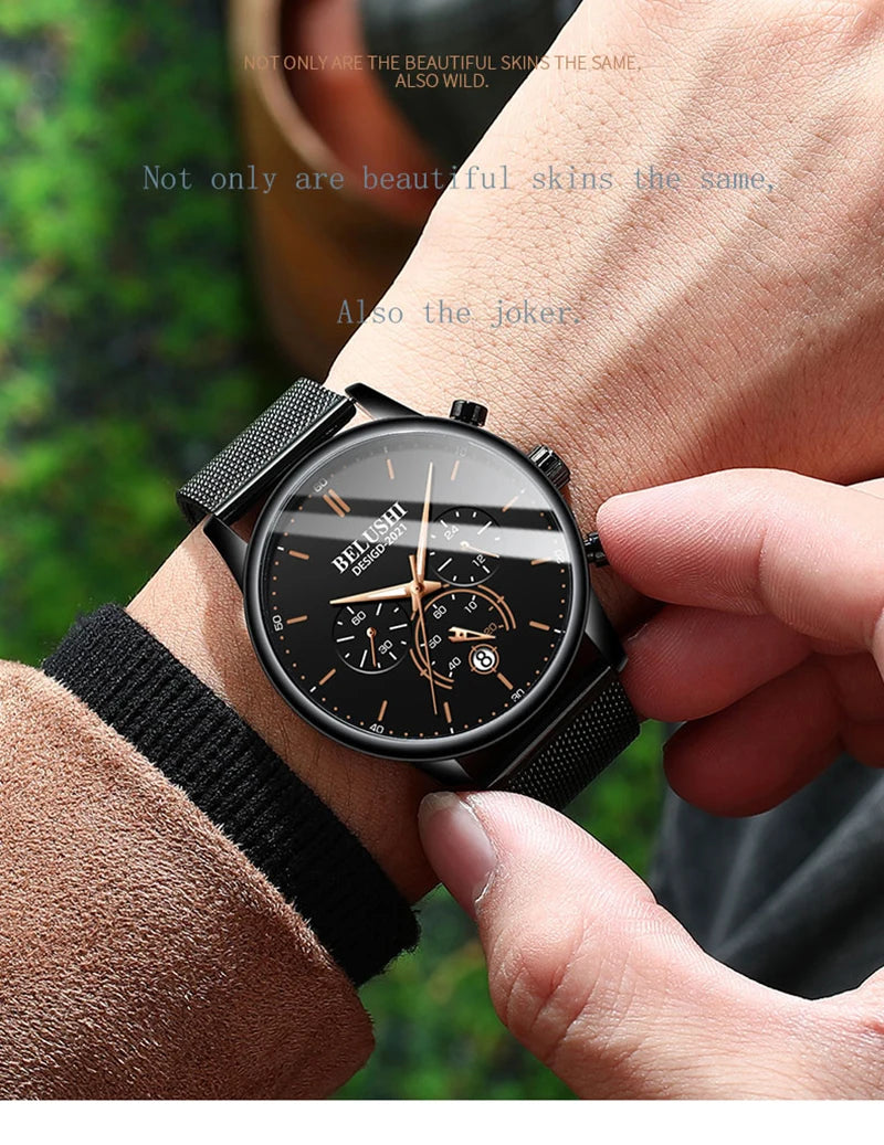 BELUSHI Cool Ultra Thin Mens Watch Luxury Multifunction Stopwatch Calendar Luminous Male Clock Waterproof Mesh Strap Reloj Hombr