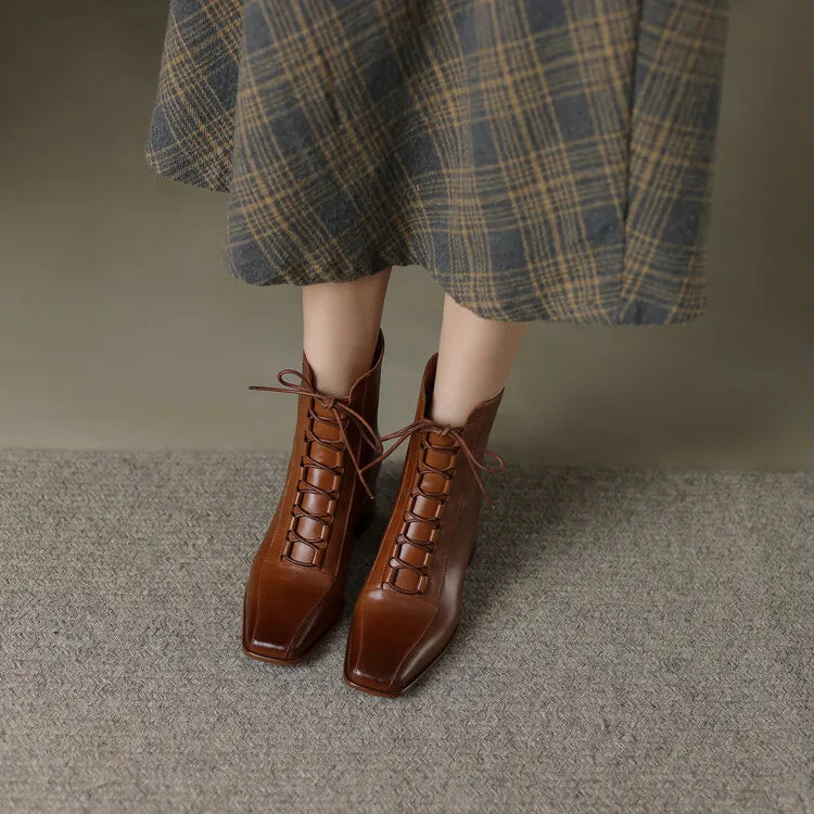 2022 Autumn Women Boots Square Toe Back Zipper Women Shoes Chunky Heels Shoes for Women High Heel Boots Vintage Leather Shoes