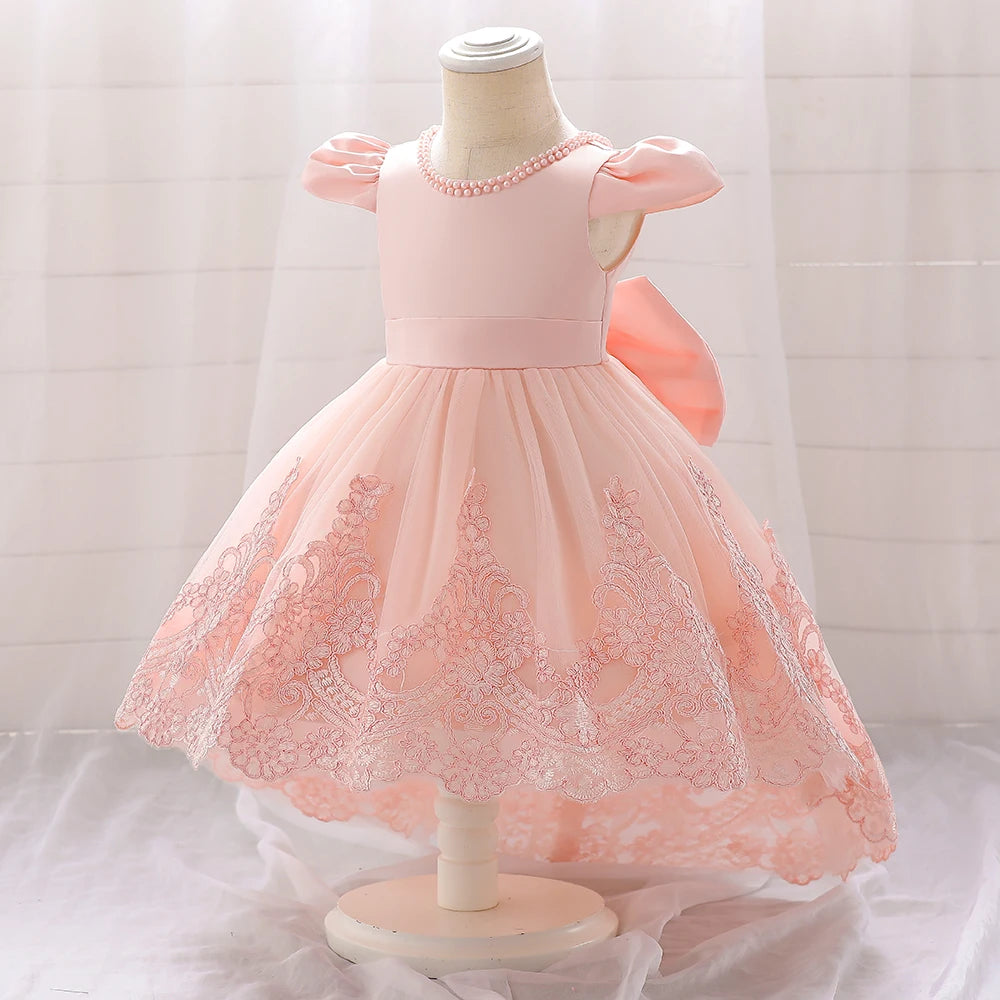 Vestido de bebé con lazo para niña, vestido de princesa de tul con cuentas, bordado de 1er cumpleaños, vestidos de fiesta para niña, disfraz de bautismo rosa