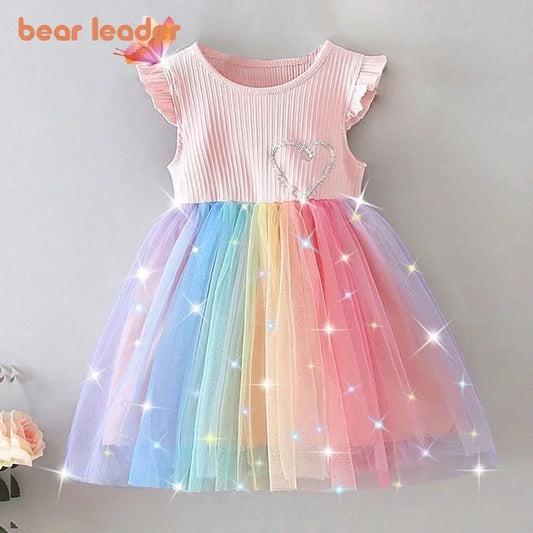 Bear Leader-vestido colorido de manga voladora para niñas, Vestidos de fiesta de malla de arcoíris de verano, ropa para niños, trajes