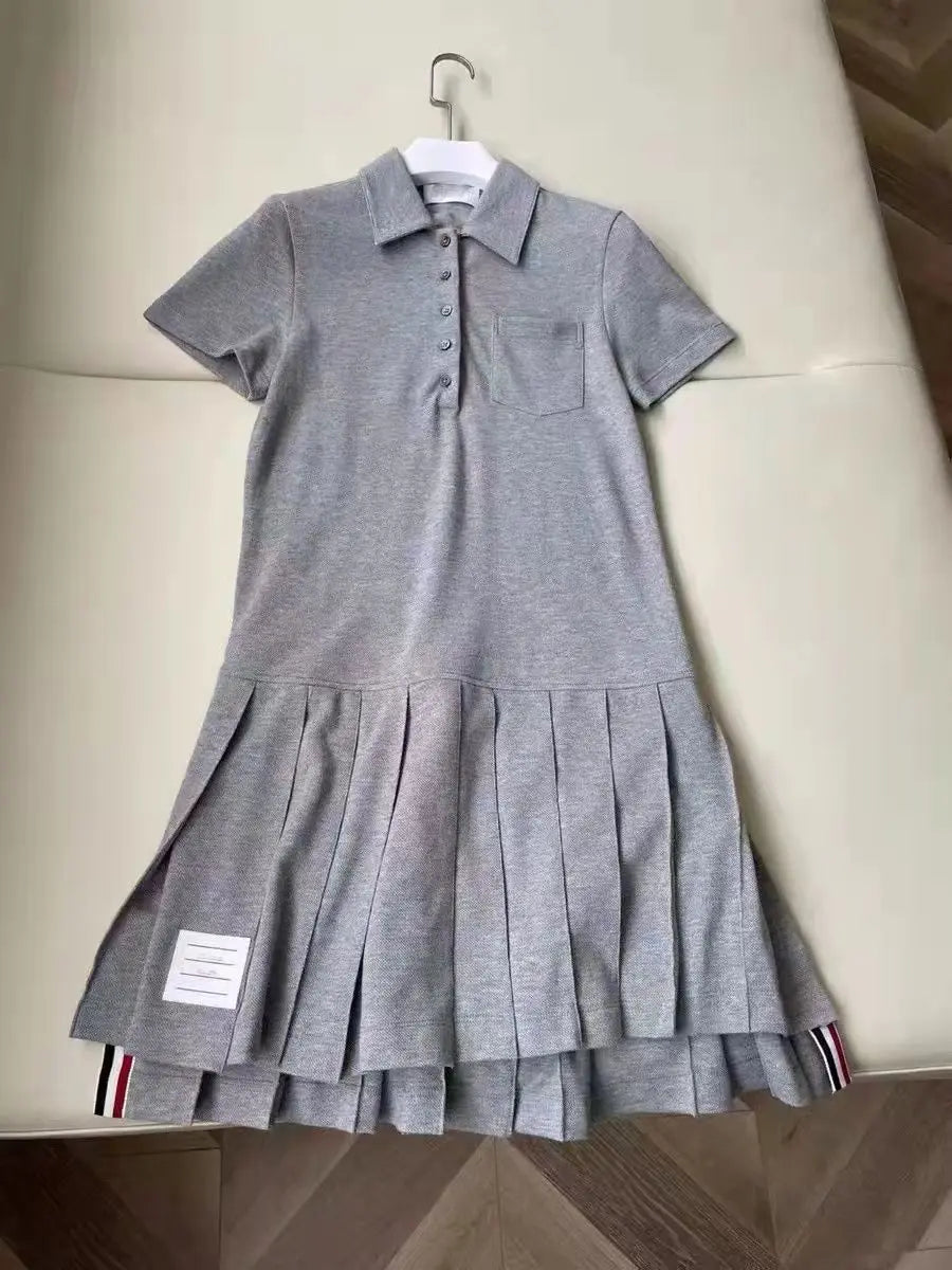 Summer New Fashion Sweet Style Polo Pleated Dress Solid Color Slim Short-sleeved Skirt Women Casual Stripe Webbing Dresses