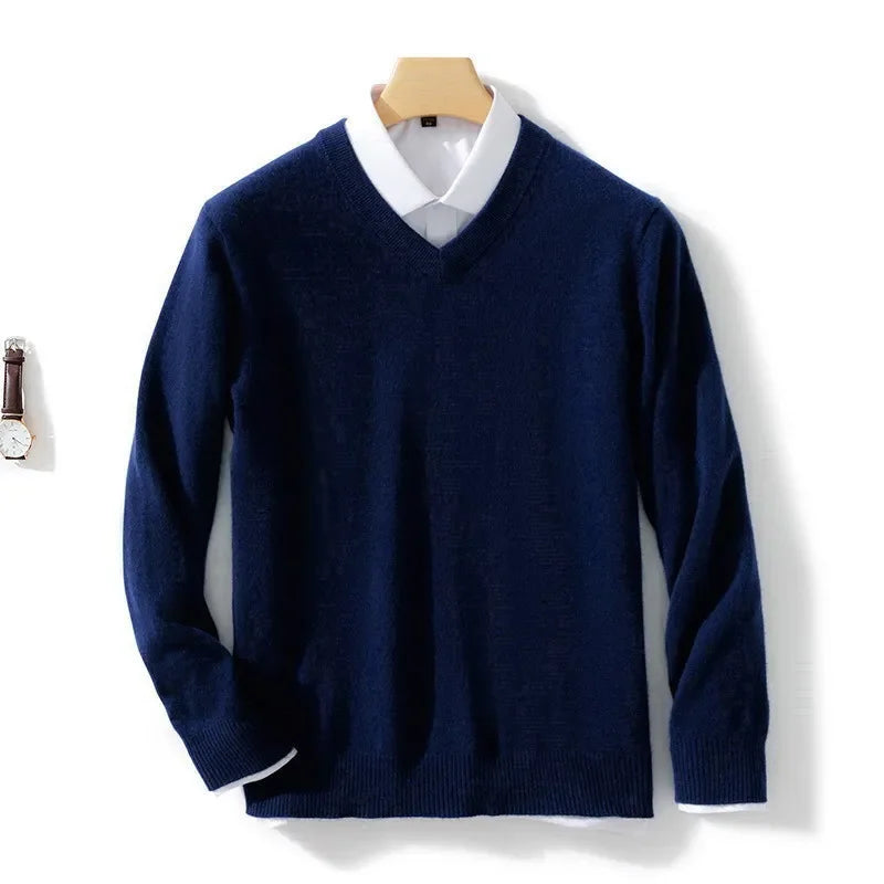 Soft Cashmere Sweater Men's Clothing Autumn Winter Pullover Business Casual Bottom V-neck Knitted Woolen Slim Fit Knitwear Male